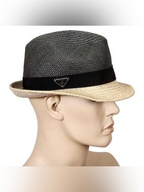 Prada Two-Tone Straw Fedora Hat with Black Grosgrain Band and triangle logo XL